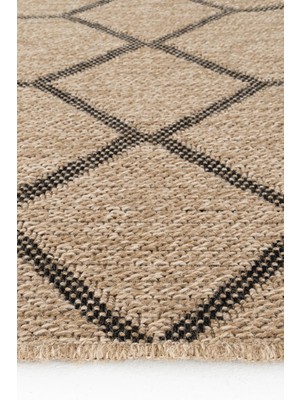 Hoom Rugs Bej & Siyah Geometrik Desenli Jüt Kilim - Bohem Salon ve Mutfak Halısı - Hoom Rugs India 669