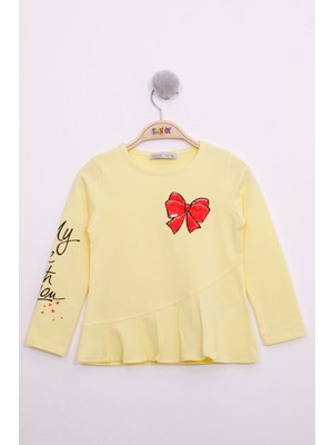 Toontoy Kız Çocuk Göğsü Pullu Fiyonklu Nakışlı T-Shirt