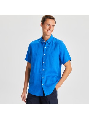 Nautica Erkek Mavi Classic Fit Kısa Kollu Keten Gömlek W35100T.4SJ