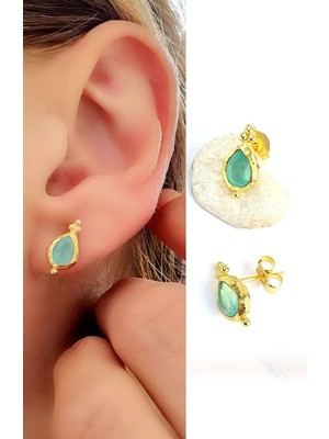 Ose Shop Kalsedon Taşı 925AYAR Gümüş Üzerine Altın Kaplama Tasarım Doğal Taş Minimal Küpe