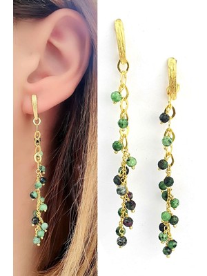 Ose Shop Agat Taşlı 925AYAR Gümüş Üzerine Altın Kaplama Tasarım Doğal Taş Sallantılı Küpe