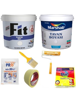 Marshall Fit Plastik İç Cephe Boyası 10 kg + Marshall Tavan Boyası 10 kg + 5 Parça Boyama Seti
