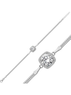 925 Gümüş Gümüş Kare Montür Beyaz Taşlı Kadın Bileklik