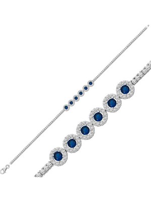 925 Gümüş Gümüş Yuvarlak Mavi Taşlı Su Yolu Kadın Bileklik