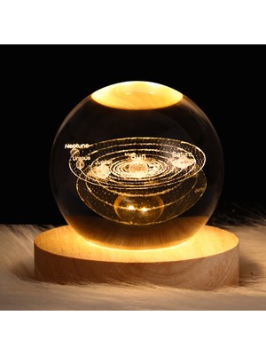 BSSM Dekoratif Gezegen Tasarımlı Ahşap Altlıklı Işıklı Cam Küre Büyük Boycam:8cm Ahşap:2cm