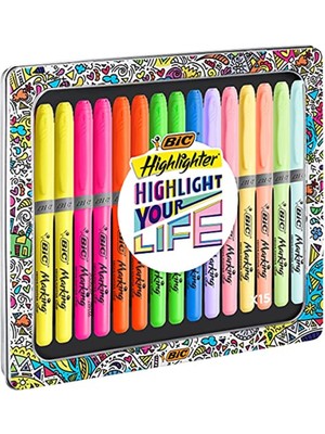 Bıc Fosforlu Kalem Koleksiyon Kutusu, Karışık ve Pastel Renkler, 15'li Metal Hediye Kutusu