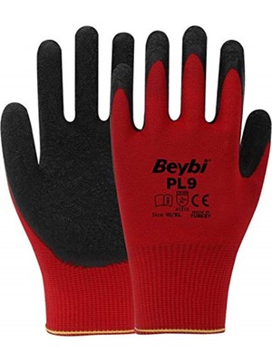 Beybi Pl9 Kırmızı Polyester Örme Lateks Eldiven (10 Beden 12 Çift)