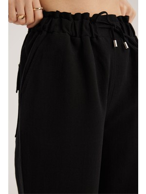 Stella Pulvis Siyah Keten Karışımlı Yüksek Bel Paperbag Pantolon