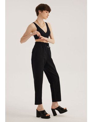 Stella Pulvis Siyah Keten Karışımlı Yüksek Bel Paperbag Pantolon