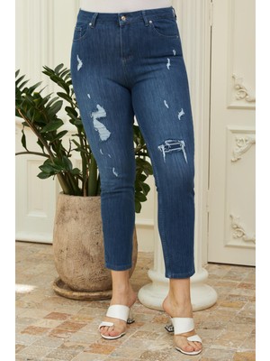 Rmg Yırtıklı Lazer Kesim Büyük Beden Mavi Kot Pantolon