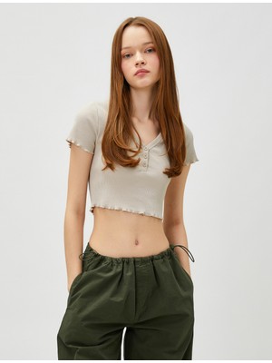 Koton Crop Tişört Kısa Kollu Pamuklu Düğmeli V Yaka