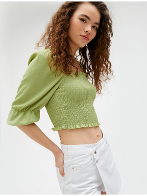 Koton Crop Tişört Gipeli Balon Kollu Kare Yaka