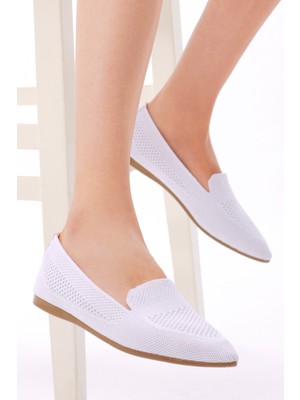 Kadın Beyaz Rahat Kalıp Düz Örgü Babet