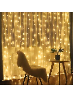 Ddtrend 8 Modlu 3 x 3 Metre 300 Ledli Kumandalı Günışığı Açık Sarı Renk Dekoratif Prizli Perde LED