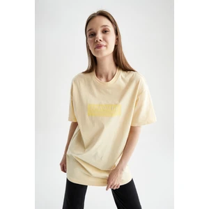 Regular Fit Bisiklet Yaka Slogan Baskılı Kısa Kollu Tişört %100 Pamuk Tunik X2794AZ22SM