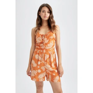 Straight Fit Kare Yaka Etnik Desenli Krinkıl Kumaş Askılı Mini Tulum Y0984AZ22SM