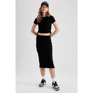 Slim Fit Basic Yırtmaçlı Fitilli Kaşkorse Midi Etek Z8396AZ23SP