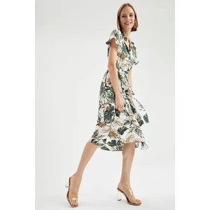 Relax Fit Tropik Desenli Kuşak Detaylı Kısa Kollu Gömlek Elbise W3693AZ21HS