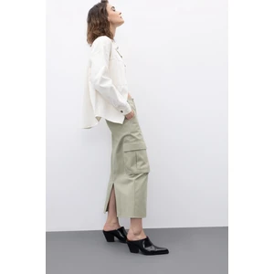 Kargo Cepli Yırtmaçlı Gabardin Midi %100 Pamuk Etek A2074AX23SM