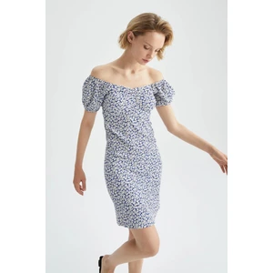 Bodycon Kalp Yaka Floral Mini Kısa Kollu Örme Elbise Y8330AZ22HS