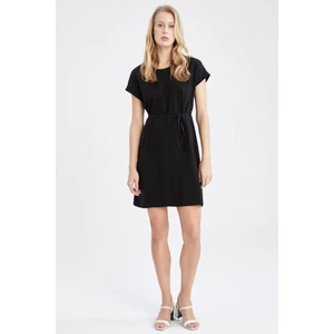 Basic Beli Bağcıklı Yazlık Kısa Kollu Mini %100 Pamuk Elbise T8057AZ22SM