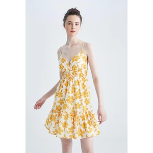 A Kesim V Yaka Askılı Floral Keten Görünümlü Mini Elbise Y8128AZ22HS