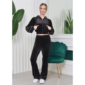 Kapşonlu Hırka Crop Ispanyol Paça Altlı 3'lü Kadife Takım Siyah Renk