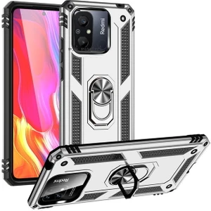 M.TK Moveteck Xiaomi Redmi 12C Uyumlu Kılıf Kamera Çıkıntılı Korumalı Yüzüklü Standlı Zırh Tank Military Silikon Çift Katmanlı Hibrit Kapak