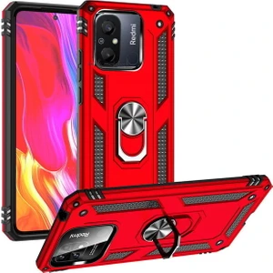 M.TK Moveteck Xiaomi Redmi 12C Uyumlu Kılıf Kamera Çıkıntılı Korumalı Yüzüklü Standlı Zırh Tank Military Silikon Çift Katmanlı Hibrit Kapak