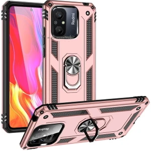 M.TK Moveteck Xiaomi Redmi 12C Uyumlu Kılıf Kamera Çıkıntılı Korumalı Yüzüklü Standlı Zırh Tank Military Silikon Çift Katmanlı Hibrit Kapak
