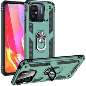 M.TK Moveteck Xiaomi Redmi 12C Uyumlu Kılıf Kamera Çıkıntılı Korumalı Yüzüklü Standlı Zırh Tank Military Silikon Çift Katmanlı Hibrit Kapak