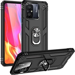 M.TK Moveteck Xiaomi Redmi 12C Uyumlu Kılıf Kamera Çıkıntılı Korumalı Yüzüklü Standlı Zırh Tank Military Silikon Çift Katmanlı Hibrit Kapak