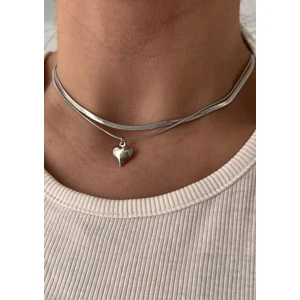 Vi Store Silver Italyan Zincir ve Bombeli Kalp Kolye Seti