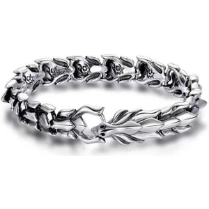 Secak Satess 19CM Vintage Dragon Head Dragon Lin Desenli Salma Bileklik - Gümüş (Yurt Dışından)