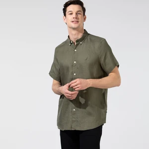 Erkek Yeşil Classic Fit Kısa Kollu Keten Gömlek W35100T.3BP