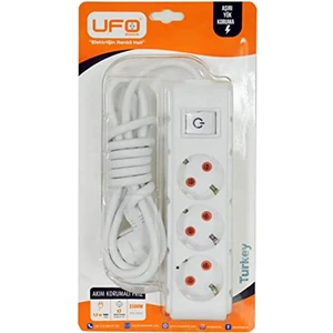 Ufo Akım Korumalı  beyaz  Priz 1,5 Metre Kablolu Grup Priz, Max 3500W Aşırı Yük Koruması 3lü