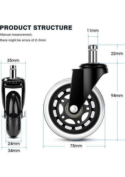 Ofis Koltuğu 5 Tekerlek Seti P 11 x 22 mm (Yurt Dışından) fırsatları