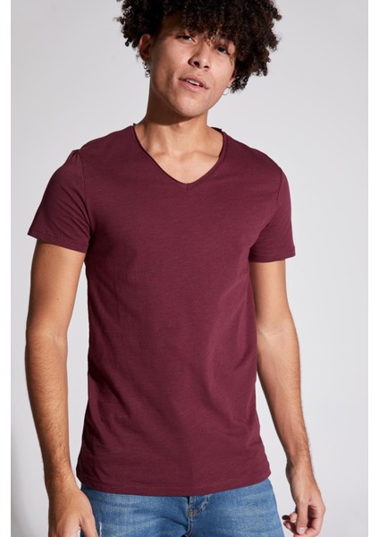 Slim Fit V Yaka Basic Kısa Kollu Pamuklu Penye Tişört M4791AZ21SP