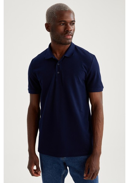 Regular Fit Polo Yaka Basic Kısa Kollu Lacivert Pamuklu Penye Tişört M7676AZ21SP