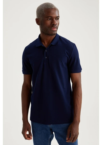 Regular Fit Polo Yaka Basic Kısa Kollu Lacivert Pamuklu Penye Tişört M7676AZ21SP