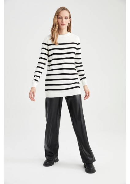 Relax Fit Çizgili Bisiklet Yaka Triko Tunik Kazak S7517AZ22WN