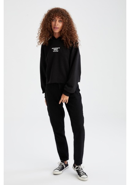 Slogan Baskılı Kapüşonlu Oversize Fit Crop Sweatshirt V1785Az21Au