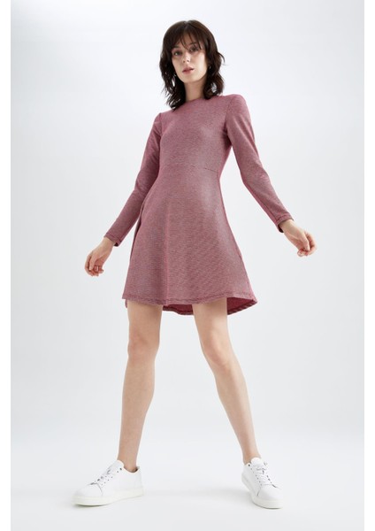 Regular Fit Bisiklet Yaka Kareli Mini Uzun Kollu Elbise N0323AZ20SP