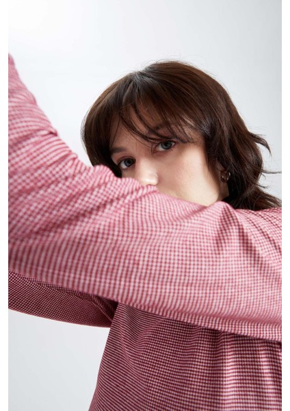 Regular Fit Bisiklet Yaka Kareli Mini Uzun Kollu Elbise N0323AZ20SP