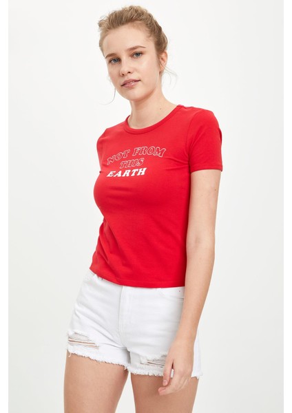 Slim Fit Slogan Baskılı Kısa Kollu Tişört R3355AZ20SM