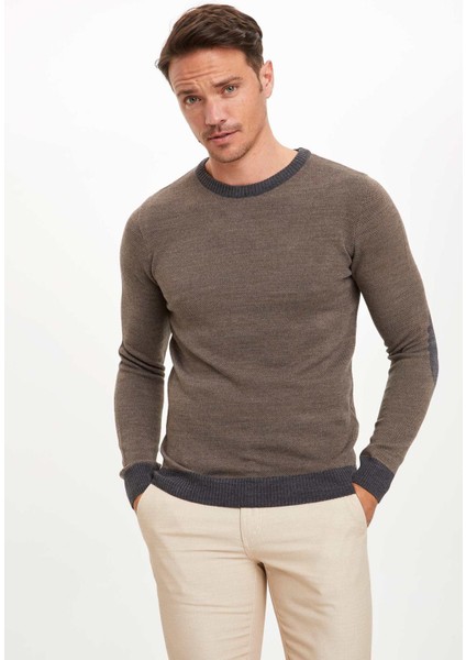 Slim Fit Bisiklet Yaka Yamalı Kol Detaylı Triko Kazak R1110AZ20WN