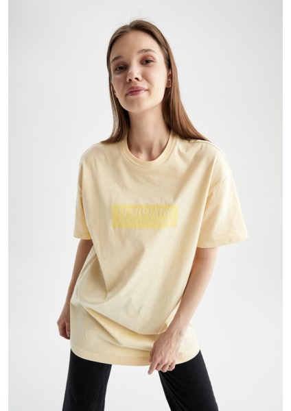 Regular Fit Bisiklet Yaka Slogan Baskılı Kısa Kollu Tişört %100 Pamuk Tunik X2794AZ22SM
