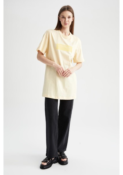 Regular Fit Bisiklet Yaka Slogan Baskılı Kısa Kollu Tişört %100 Pamuk Tunik X2794AZ22SM