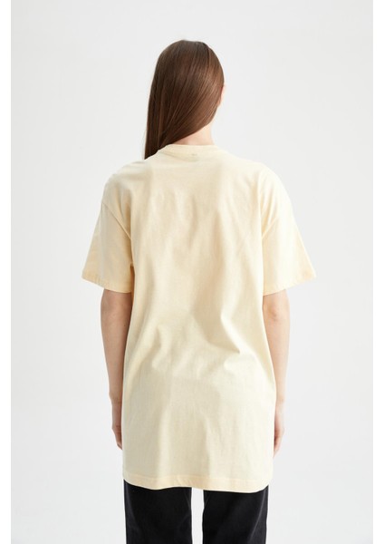 Regular Fit Bisiklet Yaka Slogan Baskılı Kısa Kollu Tişört %100 Pamuk Tunik X2794AZ22SM