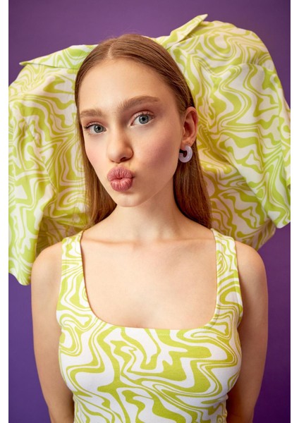 Coool A Kese Ebruli Desenli Göbek Dekolteli Askılı Mini Elbise X8777AZ22SM